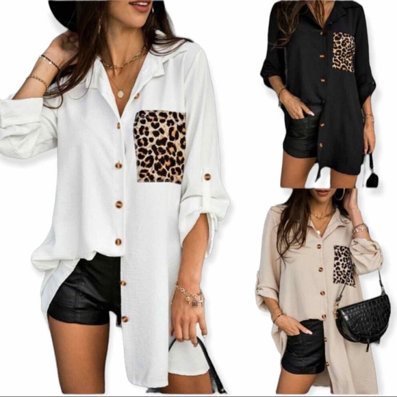 CASUAL FIT BLOUSE WITH CONTRASTING LEOPARD POCKET DETAILING - Picture 1 of 8